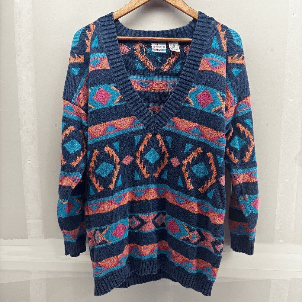 Vintage 80s Nuovo Aztec Southwesern Pullover Sweater Womens Size S Deep V-Neck